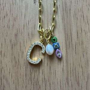 Letter C Baublebar Cluster Charm Pendant (Gold/Paperclip Chain/18")